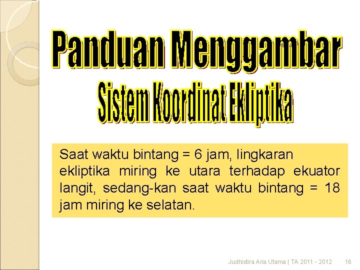 Saat waktu bintang = 6 jam, lingkaran ekliptika miring ke utara terhadap ekuator langit,