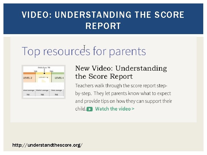 VIDEO: UNDERSTANDING THE SCORE REPORT http: //understandthescore. org/ 