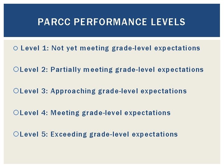 PARCC PERFORMANCE LEVELS Level 1: Not yet meeting grade-level expectations Level 2: Partially meeting