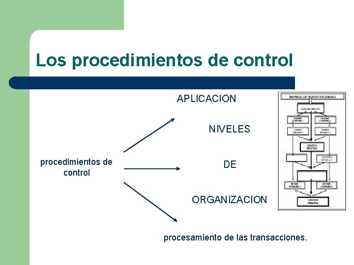 Los procedimientos de control APLICACION NIVELES procedimientos de control DE ORGANIZACION procesamiento de las