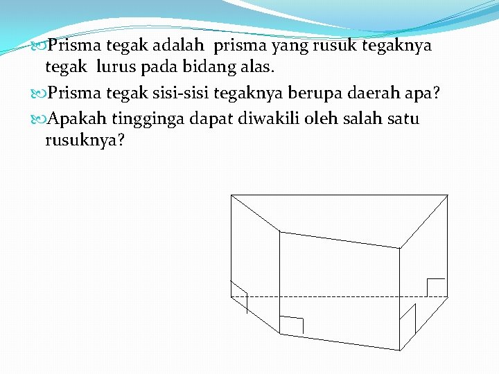 Prisma tegak adalah prisma yang rusuk tegaknya tegak lurus pada bidang alas. Prisma Prisma tegak adalah prisma yang rusuk tegaknya tegak lurus pada bidang alas. Prisma