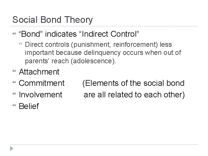 Social Bond Theory “Bond” indicates “Indirect Control” Direct controls (punishment, reinforcement) less important because