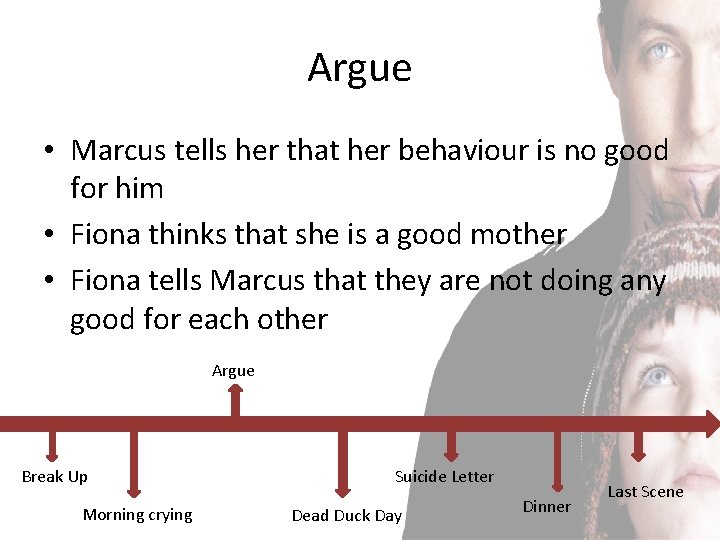 Argue • Marcus tells her that her behaviour is no good for him •