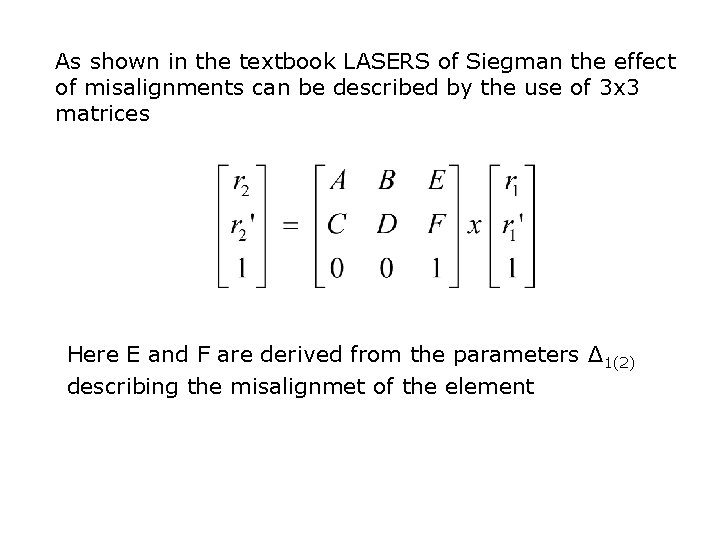As shown in the textbook LASERS of Siegman the effect of misalignments can be As shown in the textbook LASERS of Siegman the effect of misalignments can be