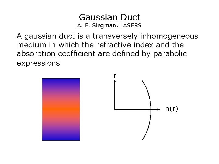 Gaussian Duct A. E. Siegman, LASERS A gaussian duct is a transversely inhomogeneous medium Gaussian Duct A. E. Siegman, LASERS A gaussian duct is a transversely inhomogeneous medium