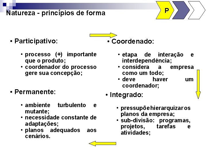 P Natureza - princípios de forma • Se referem à realização, pois o planejamento