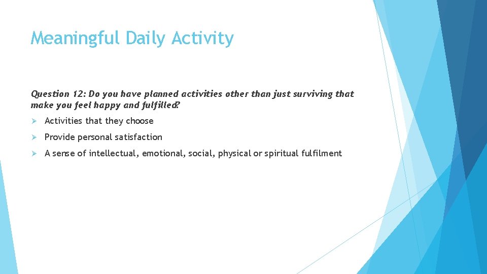 Meaningful Daily Activity Question 12: Do you have planned activities other than just surviving