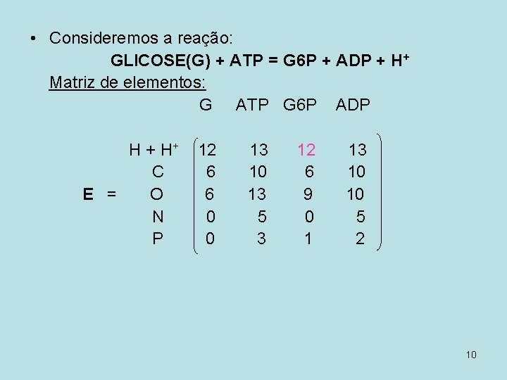  • Consideremos a reação: GLICOSE(G) + ATP = G 6 P + ADP