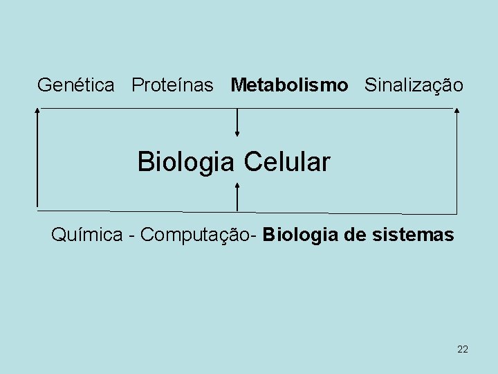 Genética Proteínas Metabolismo Sinalização Biologia Celular Química - Computação- Biologia de sistemas 22 