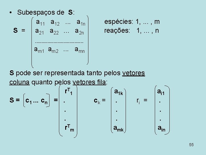  • Subespaços de S: a 11 a 12. . . a 1 n