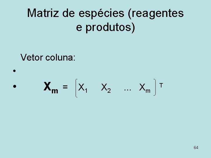 Matriz de espécies (reagentes e produtos) Vetor coluna: • • Xm = X 1