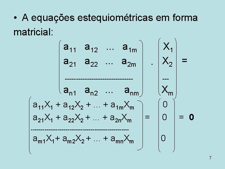  • A equações estequiométricas em forma matricial: a 11 a 12. . .