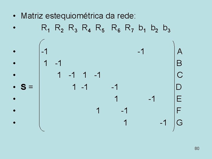  • Matriz estequiométrica da rede: • R 1 R 2 R 3 R