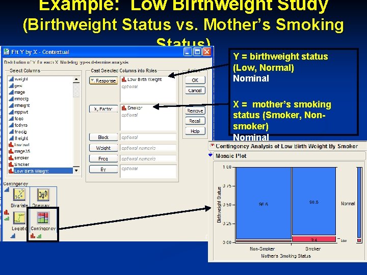 Example: Low Birthweight Study (Birthweight Status vs. Mother’s Smoking Status) Y = birthweight status