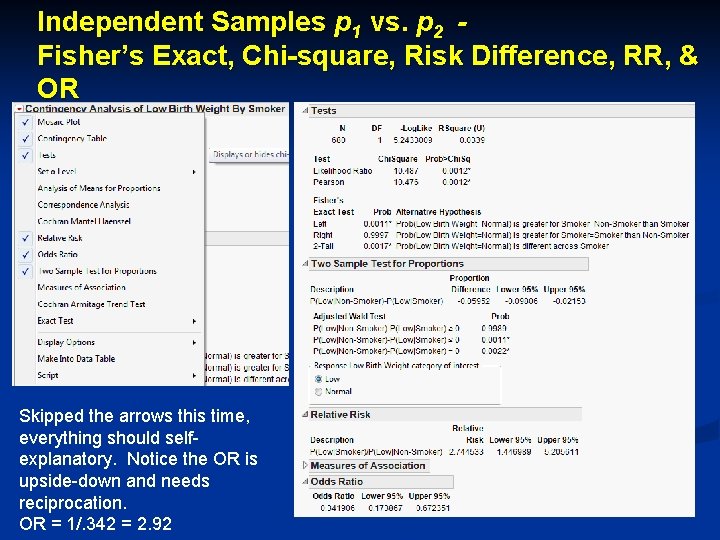 Independent Samples p 1 vs. p 2 Fisher’s Exact, Chi-square, Risk Difference, RR, &
