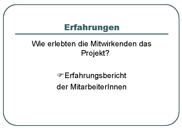 Erfahrungen Wie erlebten die Mitwirkenden das Projekt? Erfahrungsbericht der Mitarbeiter. Innen 