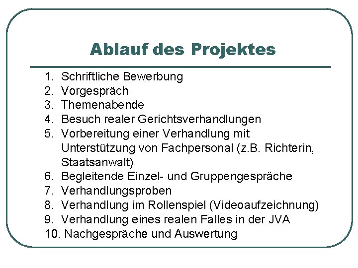 Ablauf des Projektes 1. 2. 3. 4. 5. Schriftliche Bewerbung Vorgespräch Themenabende Besuch realer