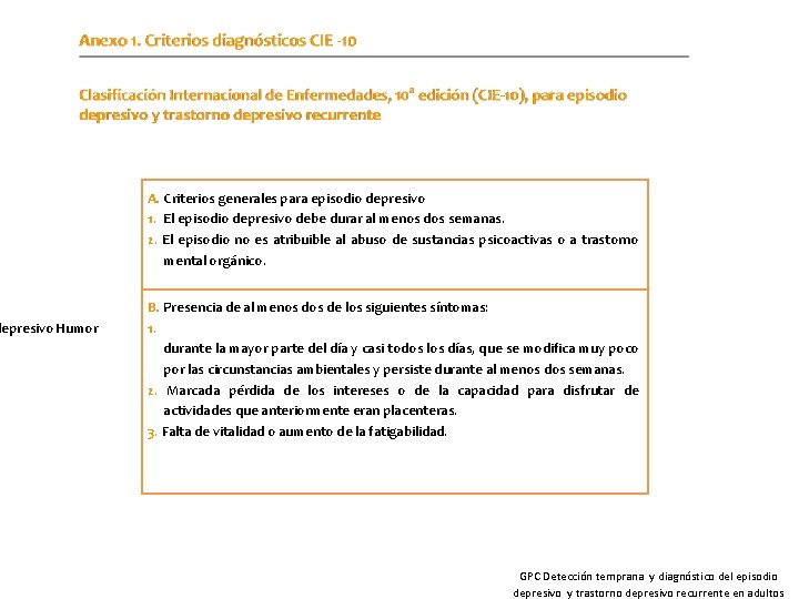 depresivo Humor A. Criterios generales para episodio depresivo 1. El episodio depresivo debe durar