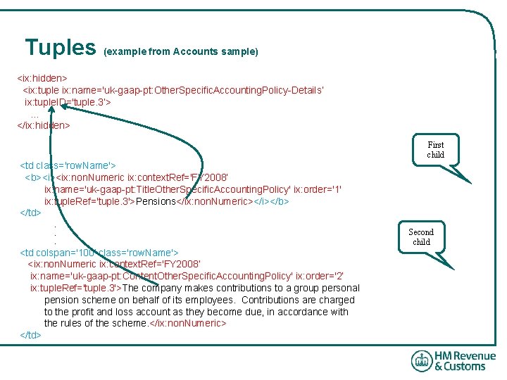 Tuples (example from Accounts sample) <ix: hidden> <ix: tuple ix: name='uk-gaap-pt: Other. Specific. Accounting.