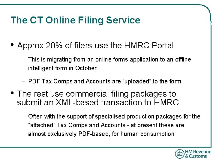 The CT Online Filing Service • Approx 20% of filers use the HMRC Portal