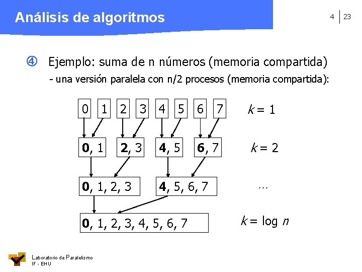 Análisis de algoritmos 4 Ejemplo: suma de n números (memoria compartida) - una versión