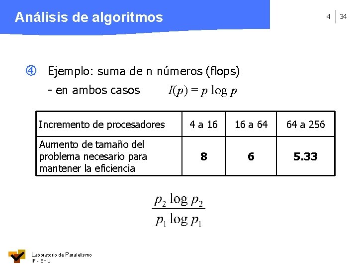 Análisis de algoritmos 4 Ejemplo: suma de n números (flops) - en ambos casos