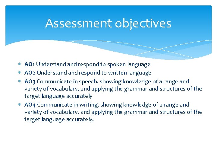 Assessment objectives AO 1 Understand respond to spoken language AO 2 Understand respond to