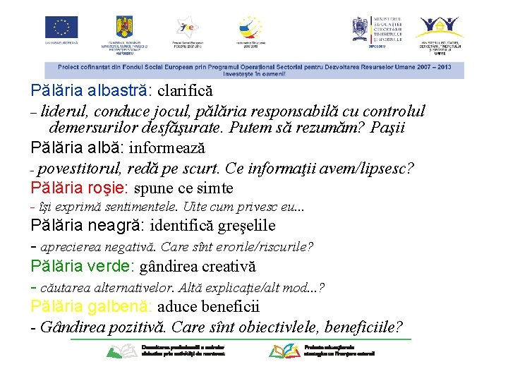 Pălăria albastră: clarifică – liderul, conduce jocul, pălăria responsabilă cu controlul demersurilor desfăşurate. Putem
