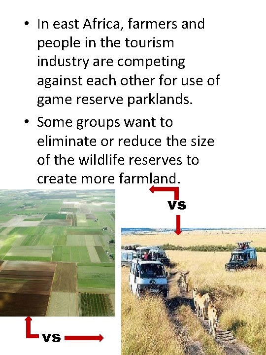  • In east Africa, farmers and people in the tourism industry are competing