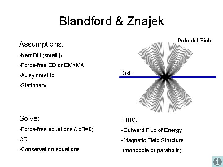 Blandford & Znajek Poloidal Field Assumptions: • Kerr BH (small j) • Force-free ED