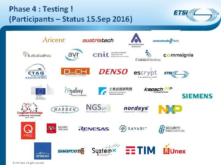 Phase 4 : Testing ! (Participants – Status 15. Sep 2016) © ETSI 2014.
