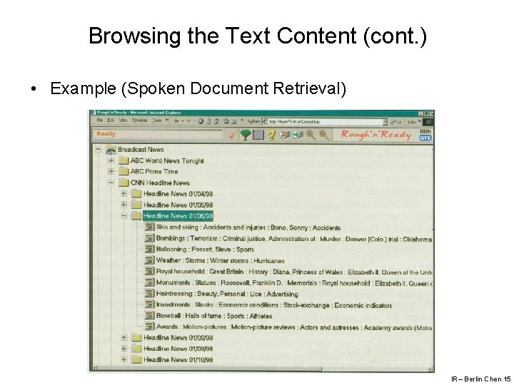 Browsing the Text Content (cont. ) • Example (Spoken Document Retrieval) IR– Berlin Chen