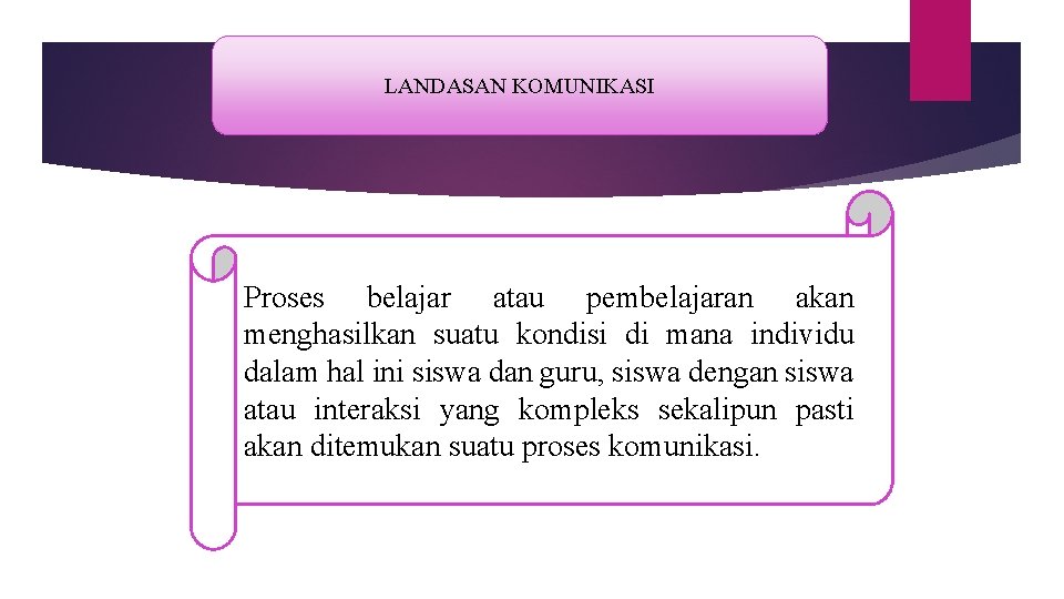 LANDASAN KOMUNIKASI Proses belajar atau pembelajaran akan menghasilkan suatu kondisi di mana individu dalam