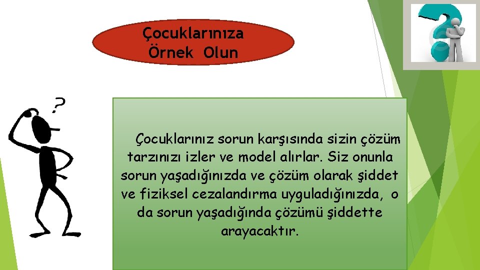 Çocuklarınıza Örnek Olun Çocuklarınız sorun karşısında sizin çözüm tarzınızı izler ve model alırlar. Siz