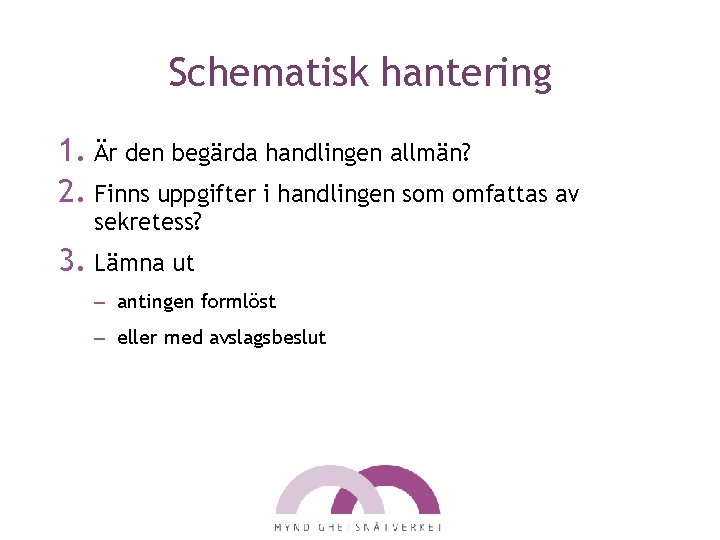 Schematisk hantering 1. Är den begärda handlingen allmän? 2. Finns uppgifter i handlingen som