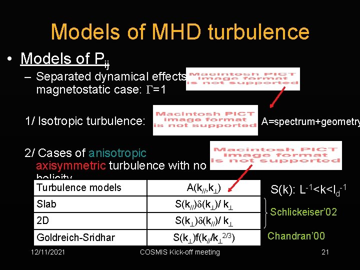 Models of MHD turbulence • Models of Pij – Separated dynamical effects: magnetostatic case: