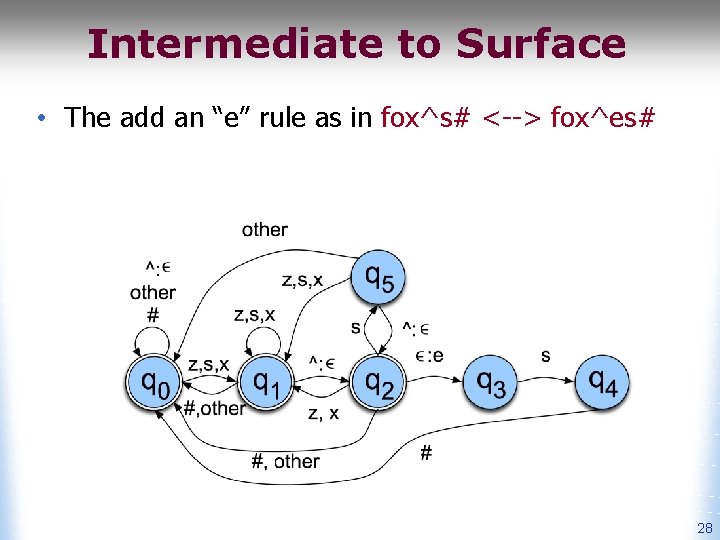 Intermediate to Surface • The add an “e” rule as in fox^s# <--> fox^es#