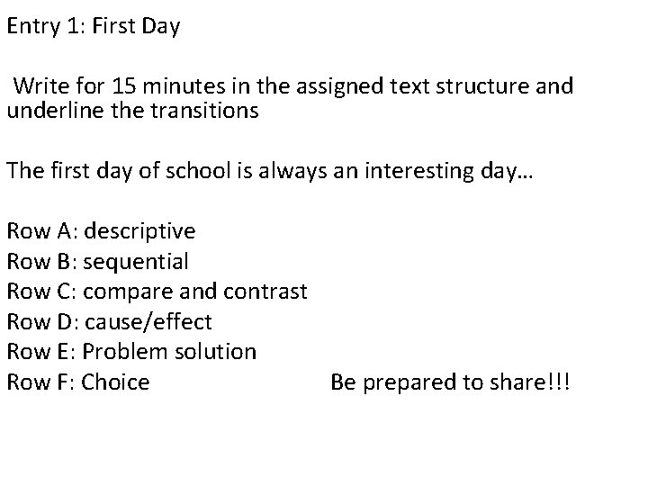 Entry 1: First Day Write for 15 minutes in the assigned text structure and