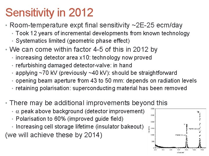 Sensitivity in 2012 • Room-temperature expt final sensitivity ~2 E-25 ecm/day • Took 12