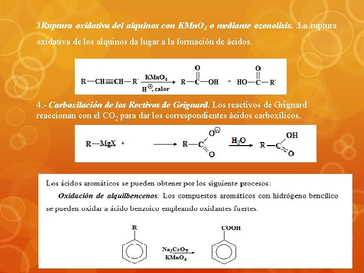 3 Ruptura oxidativa del alquinos con KMn. O 4 o mediante ozonolisis. . La