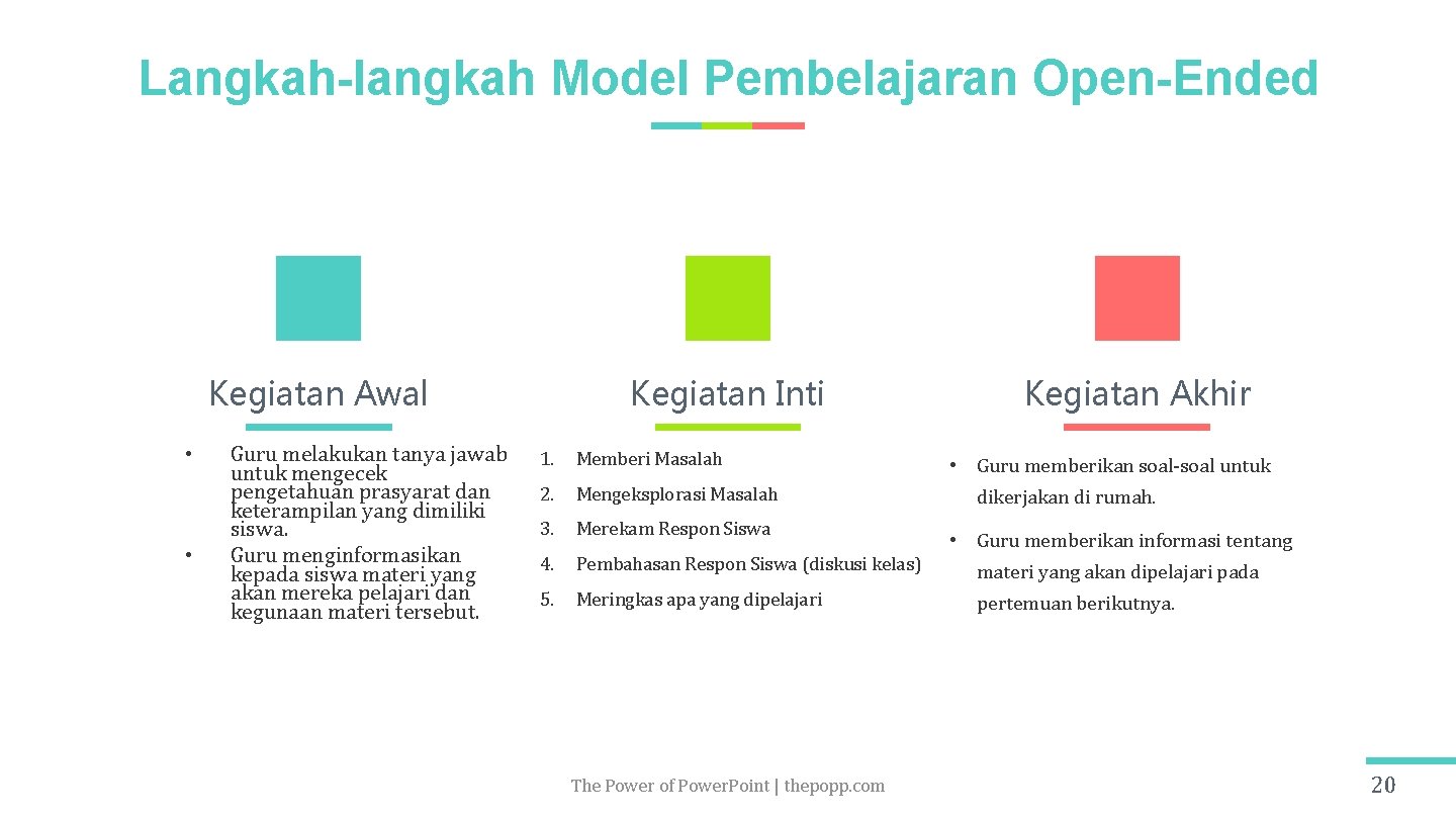 Langkah-langkah Model Pembelajaran Open-Ended Kegiatan Awal • • Guru melakukan tanya jawab untuk mengecek