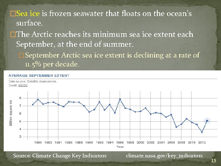 �Sea ice is frozen seawater that floats on the ocean’s surface. �The Arctic reaches
