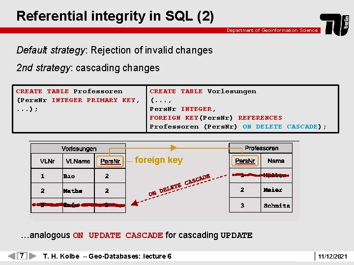 Referential integrity in SQL (2) Department of Geoinformation Science Default strategy: Rejection of invalid