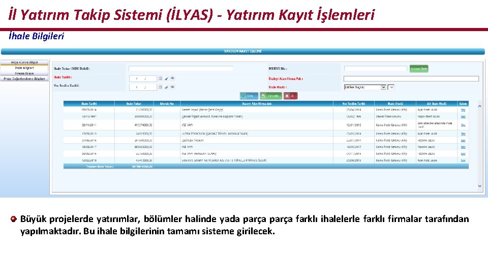 İl Yatırım Takip Sistemi (İLYAS) - Yatırım Kayıt İşlemleri İhale Bilgileri Büyük projelerde yatırımlar,