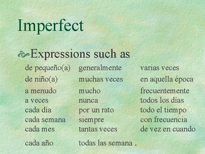 Imperfect Expressions such as de pequeño(a) de niño(a) a menudo a veces cada día