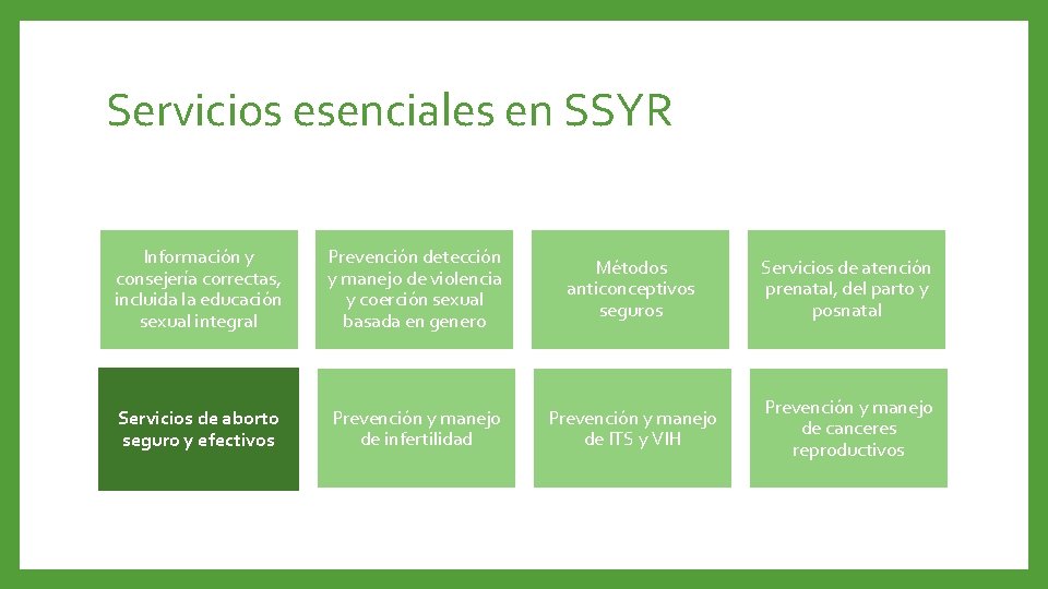 Servicios esenciales en SSYR Información y consejería correctas, incluida la educación sexual integral Prevención