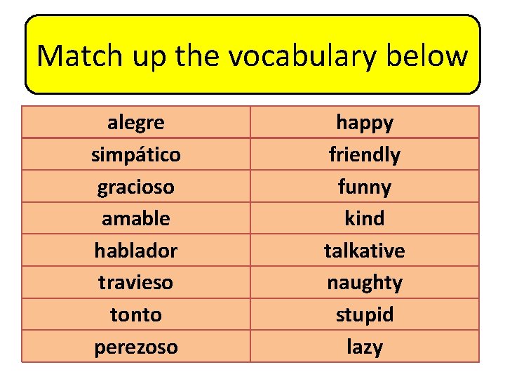 Match up the vocabulary below alegre simpático gracioso amable hablador travieso tonto perezoso happy