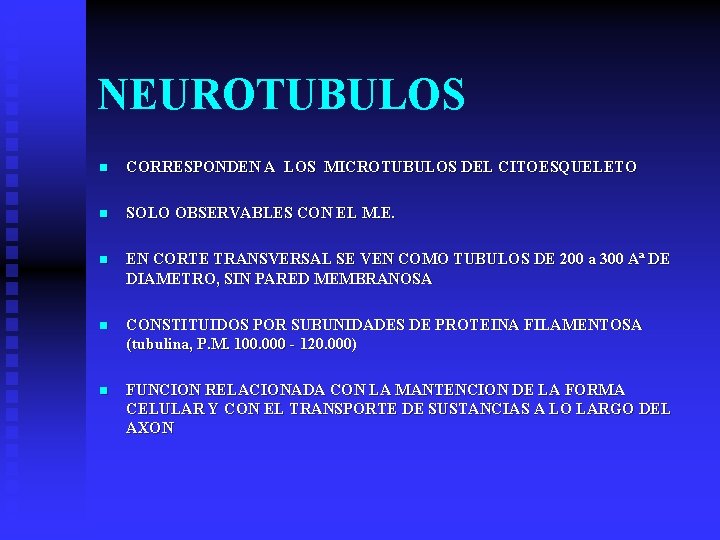 NEUROTUBULOS n CORRESPONDEN A LOS MICROTUBULOS DEL CITOESQUELETO n SOLO OBSERVABLES CON EL M.