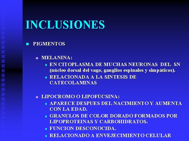 INCLUSIONES n PIGMENTOS u u MELANINA: t EN CITOPLASMA DE MUCHAS NEURONAS DEL SN