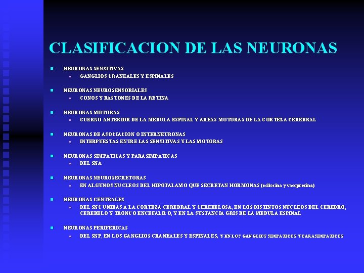CLASIFICACION DE LAS NEURONAS n NEURONAS SENSITIVAS u GANGLIOS CRANEALES Y ESPINALES n NEURONAS